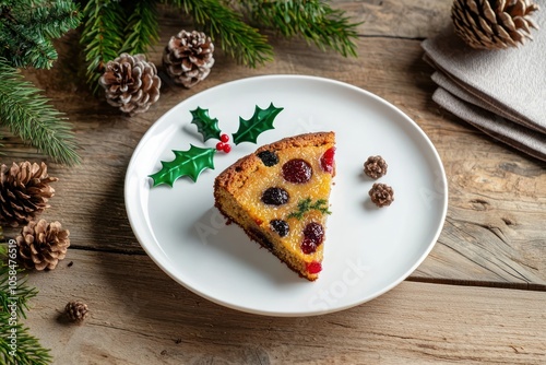 A minimalist table setting with a slice of fruitcake on a white plate, accented by a sprig of holly and a few scattered pinecones, with a natural wood table providing a warm backdrop.