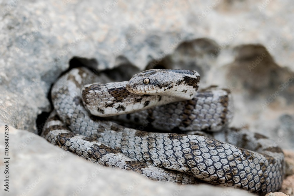 A detail shot of European Cat snake (Telescopus fallax) or Soosan Snake, on the island of Malta. A detail shot of European Cat snake (Telescopus fallax) or Soosan Snake, on the island of Malta.