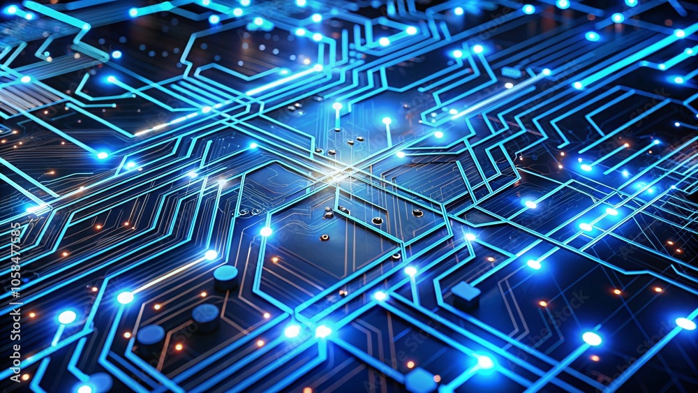 Neon-Lit Silicone Microchip Glowing Blue Circuits and Intricate Pathways Powering a Futuristic CPU on a High-Tech Motherboard V3 Neon-Lit Silicone Microchip Glowing Blue Circuits and Intricate Pathways Powering a Futuristic CPU on a High-Tech Motherboard V3