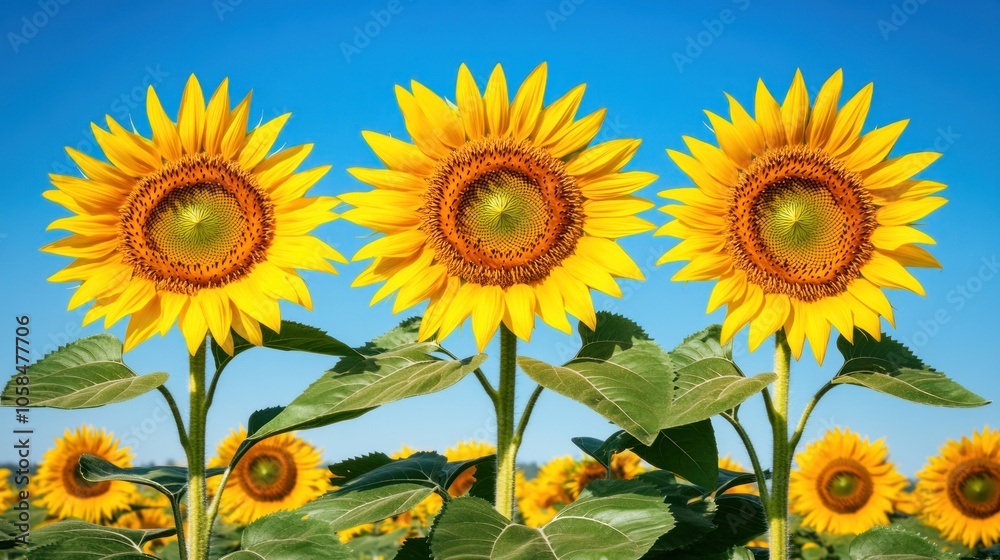 Obraz premium Three vibrant sunflowers against a clear blue sky in a field.