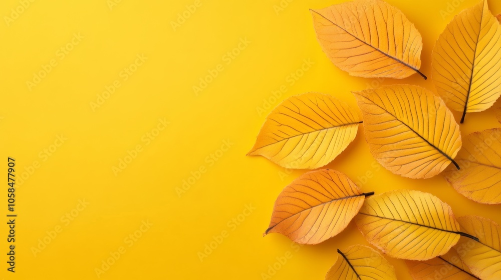 Fototapeta premium Yellow background with a bunch of orange leaves on it. leaves are arranged in a circle, are overlapping each other. Scene is warm, inviting, with bright yellow background and the vibrant orange leaves