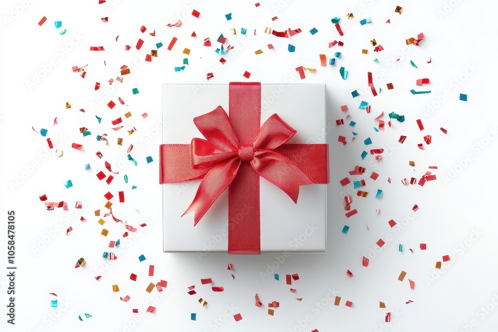 Elegant gift box with a luxurious bow, surrounded by colorful confetti, perfect for celebrations and special occasions. Elegant gift box with a luxurious bow, surrounded by colorful confetti, perfect for celebrations and special occasions.