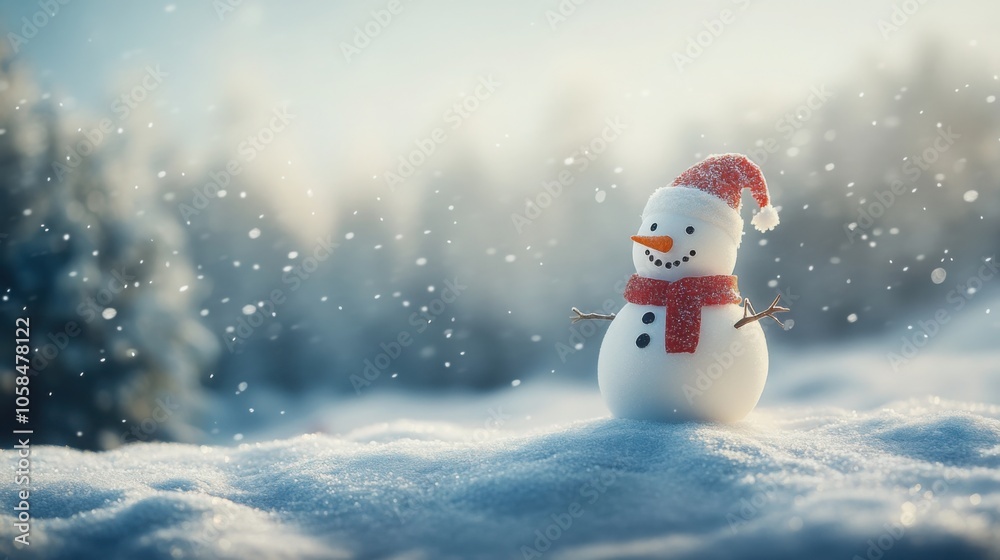 Fototapeta premium Snowman in a hilly landscape, snow gently falling, with room above for text and copy space.
