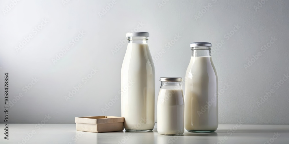 Three Glass Bottles of Milk Arranged in Order of Size on a White Surface with a Small Cardboard Box Three Glass Bottles of Milk Arranged in Order of Size on a White Surface with a Small Cardboard Box
