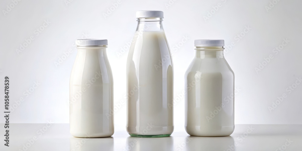 Three glass bottles with white caps filled with creamy white liquid on a white surface Three glass bottles with white caps filled with creamy white liquid on a white surface