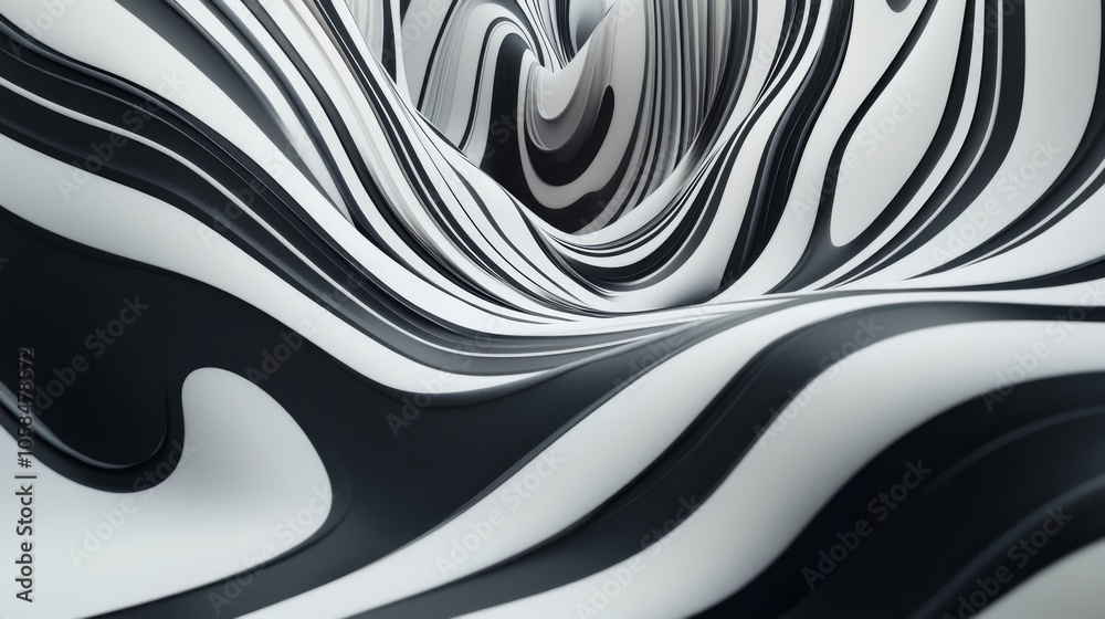 Obraz premium 2410_055.abstract alternating black and white stripes, flowing wavy lines creating an optical illusion, bold high-contrast pattern, smooth dynamic curves, hypnotic and distorted design, minimal