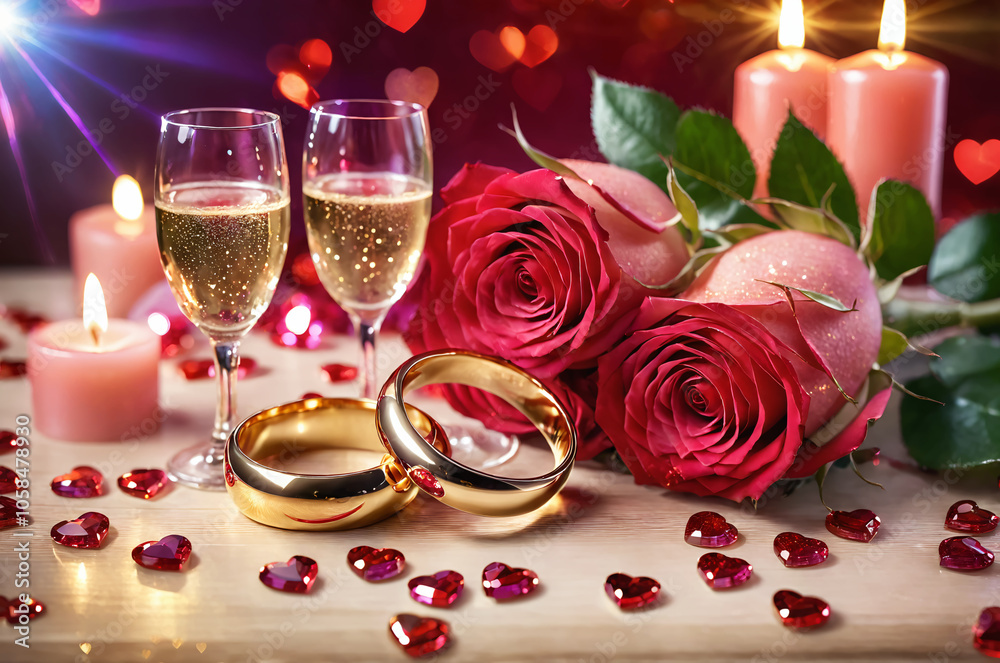 Wedding anniversary and celebration. Wedding ring for couples. Champagne and bouquet of rose flower. Romantic valentine background.
Wedding anniversary and celebration. Wedding ring for couples. Champagne and bouquet of rose flower. Romantic valentine background.