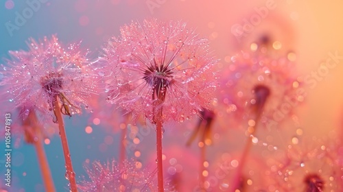 Soft pink dandelions with dew drops and bokeh.