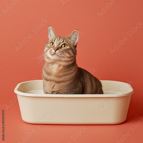 A curious cat sits in a light-colored litter box against a vibrant orange background, showcasing its playful demeanor. photo