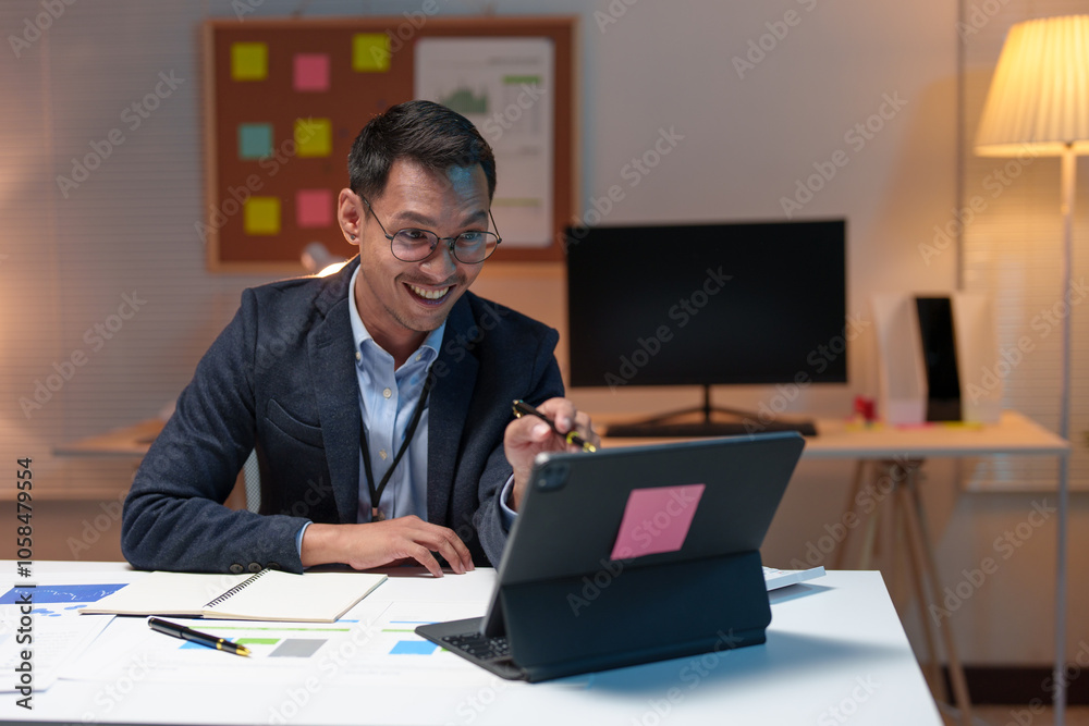 Young professional Asian businessman wearing glasses using laptop, tablet Telephone talk, coordination Review online business information on finance, marketing, startup business ideas. Management. Young professional Asian businessman wearing glasses using laptop, tablet Telephone talk, coordination Review online business information on finance, marketing, startup business ideas. Management.
