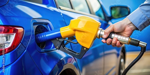 Hand holding a fuel nozzle, inserting it into the gas tank of a blue car.