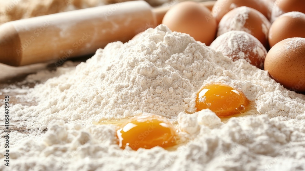 Bakery essentials including flour, eggs, and a rolling pin arranged in a close-up composition, ideal for creating baked goods. Photo style with ample copy space. Bakery essentials including flour, eggs, and a rolling pin arranged in a close-up composition, ideal for creating baked goods. Photo style with ample copy space.