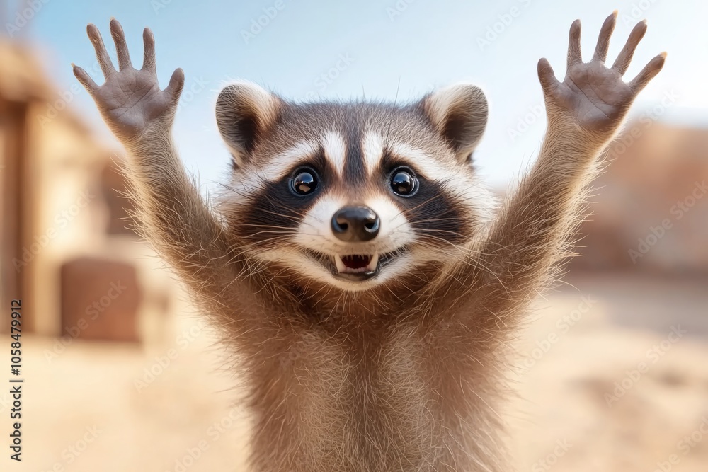 Fototapeta premium Raccoon is shown with its hands raised in the air, looking at the camera. Concept of joy and playfulness, as the raccoon appears to be happy and excited