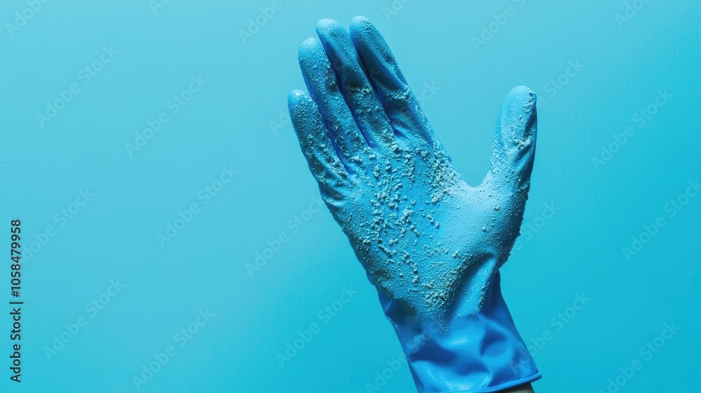 © Mehemmed - Hand wearing a blue rubber dishwashing glove, displaying grit from the washing process. Capture the detail of the glove and a blank space for added context in the composition.