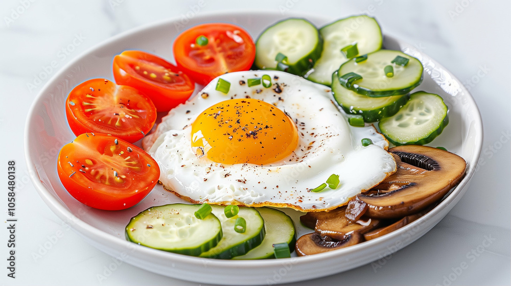 Fried egg with fresh vegetables and healthy meal options on a plate Fried egg with fresh vegetables and healthy meal options on a plate