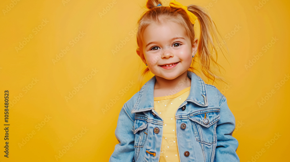 A little girl, 4-5 years old, wearing light denim clothes, isolated against a pastel yellow background. A studio portrait celebrating Mother's Day, love, family, and childhood. A little girl, 4-5 years old, wearing light denim clothes, isolated against a pastel yellow background. A studio portrait celebrating Mother's Day, love, family, and childhood.