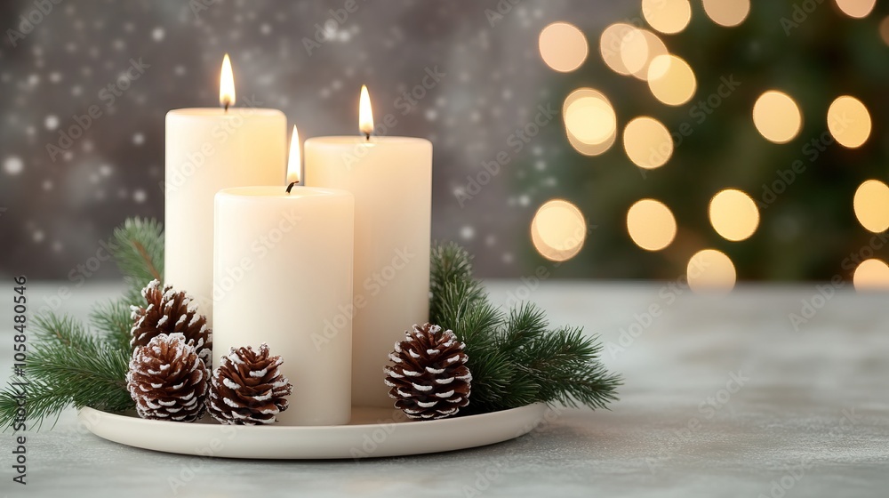 Three lit white candles surrounded by pinecones and greenery, set against a softly blurred holiday background with bokeh lights. Three lit white candles surrounded by pinecones and greenery, set against a softly blurred holiday background with bokeh lights.