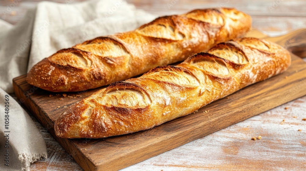 Freshly baked baguette, characterized by its crispy crust and soft interior, is perfect for any meal or occasion; the baguette offers a deliciously inviting look with ample copy space. Freshly baked baguette, characterized by its crispy crust and soft interior, is perfect for any meal or occasion; the baguette offers a deliciously inviting look with ample copy space.