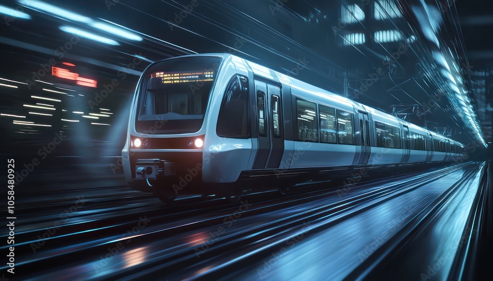 Naklejka premium high-speed subway train at night, captured with motion blur effects.