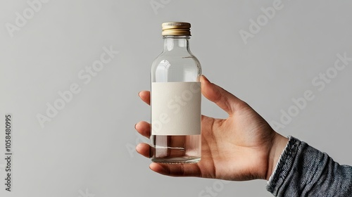 Hand holding a glass bottle with a blank label, offering an ideal canvas for branding or creativity. This glass bottle presents ample copy space for personalization and design. photo