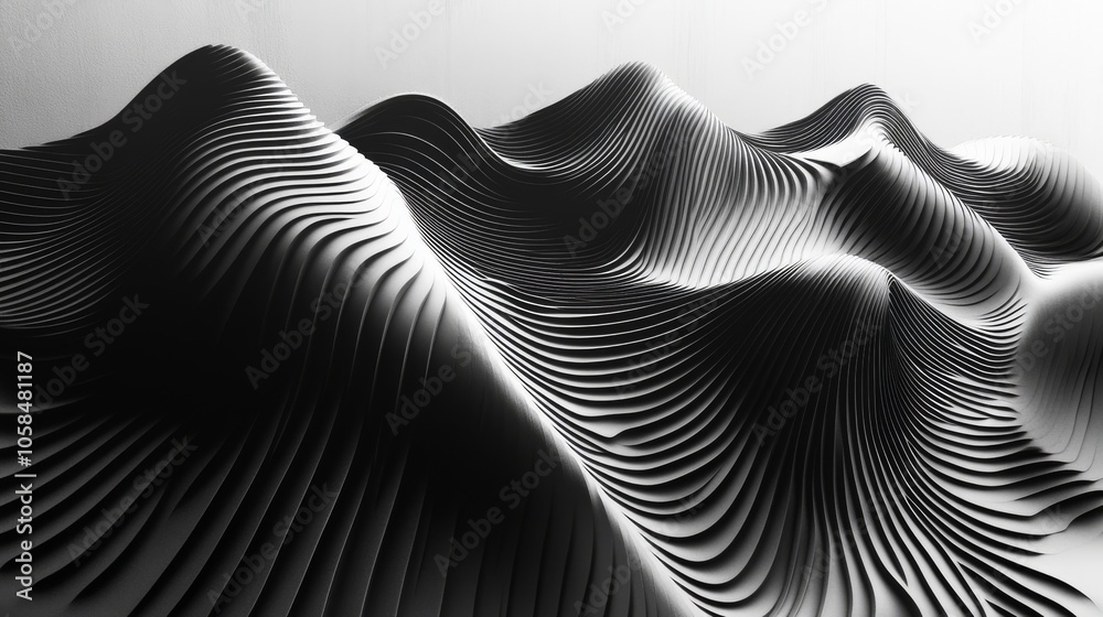 2410_061.wavy lines in black and white, flowing seamlessly to create an abstract sense of depth, smooth curves forming a dynamic motion across the surface, minimalist yet intricate design, with a