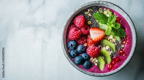 smoothie bowl topped with berries, kiwi, chia seeds, and mint