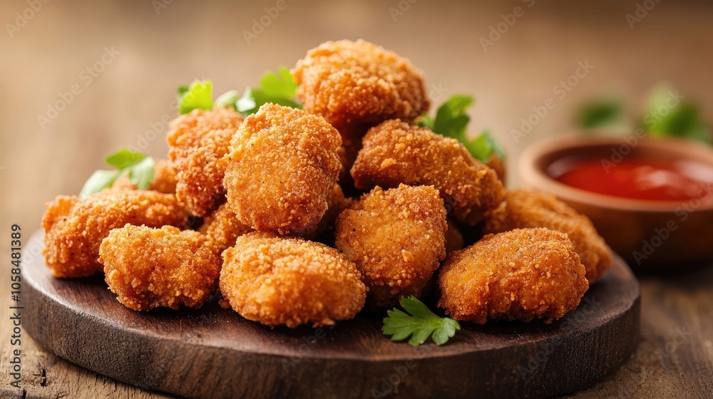 Crispy fried meat nuggets seasoned with spices positioned on a rustic wooden background, offering a delightful presentation of fried meat nuggets. Ample copy space enhances the visual appeal. Crispy fried meat nuggets seasoned with spices positioned on a rustic wooden background, offering a delightful presentation of fried meat nuggets. Ample copy space enhances the visual appeal.