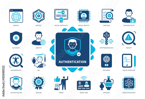 Authentication icon set. Artifact, Verifying, Proof, Authentic, Genuine, Identity, Digital Certificate, Website. Duotone color solid icons