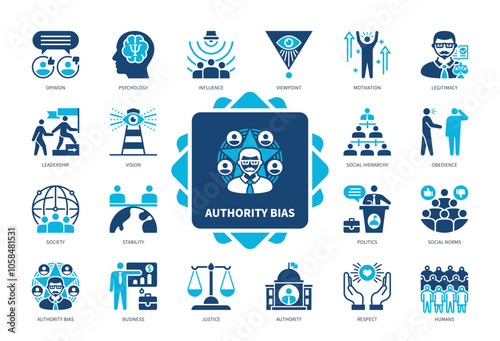 Authority Bias icon set. Viewpoint, Psychology, Legitimacy, Social Hierarchy, Leadership, Respect, Stability, Norms. Duotone color solid icons