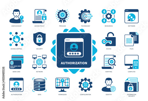 Authorization icon set. Privilege, User Account, Access Control, Configuration, Security, Bank Card, Verifying, Data. Duotone color solid icons