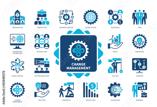 Change Management icon set. Organization, Restructure, Reduce Cost, Team, Innovation, Solution, Business, Success. Duotone color solid icons