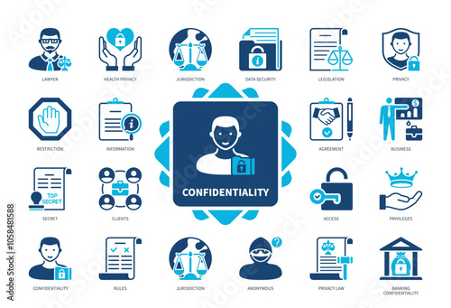 Confidentiality icon set. Legislation, Lawyer, Access, Privacy Law, Rules, Restriction, Information, Privileges. Duotone color solid icons