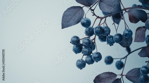 Blueberry branch wreath arranged against a soft gray background, highlighting the natural beauty of the blueberry branches, ideal for various creative uses with ample copy space. photo