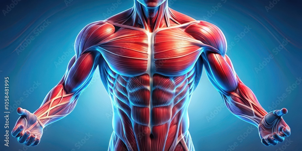 A Detailed Anatomical Illustration of the Human Torso and Upper Arms, Featuring Muscles and Tendons A Detailed Anatomical Illustration of the Human Torso and Upper Arms, Featuring Muscles and Tendons