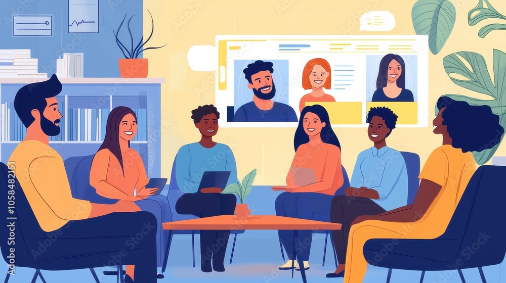A diverse group of people engaged in a virtual meeting, discussing ideas in a bright, modern setting with a screen displaying additional participants. A diverse group of people engaged in a virtual meeting, discussing ideas in a bright, modern setting with a screen displaying additional participants.