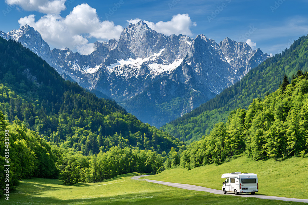 White RV driving on a winding road through a lush green valley with majestic snow-capped mountains in the background under a clear blue sky White RV driving on a winding road through a lush green valley with majestic snow-capped mountains in the background under a clear blue sky