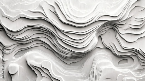 Fototapeta Naklejka Na Ścianę i Meble -  2410_049.geometric topographic lines on white background, fluid contours, abstract relief design, wood grain-inspired pattern, smooth 3d effect, monochromatic minimalism, flowing waves and curves,