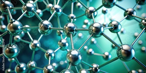 A Close-Up View of a Complex Molecular Structure with Shiny Metallic Atoms Connected by Slender Bonds on a Blurred Teal Background