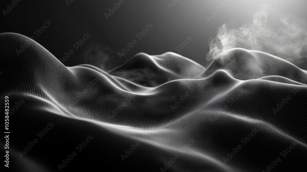 2410_036.abstract wave with smooth flowing lines, black undulating surfaces, fine particles floating in the air, soft smoke rising from the wave, geometric background with subtle patterns, high 2410_036.abstract wave with smooth flowing lines, black undulating surfaces, fine particles floating in the air, soft smoke rising from the wave, geometric background with subtle patterns, high