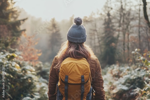 Hiker walking away in beautiful winter forest during golden hour