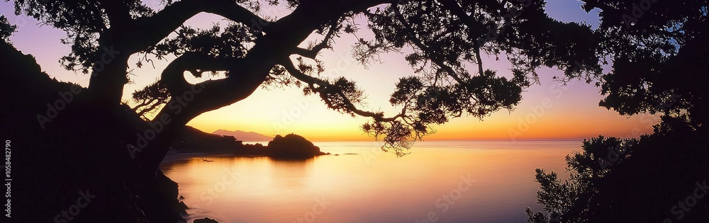 Serene Sunset Reflections: Panoramic View of Lake with Tree Silhouettes Framing Colorful Water Reflections, Ultra-Detailed Landscape Photography