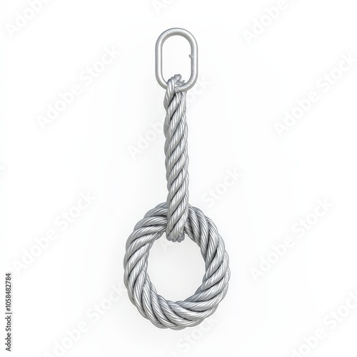 A metallic looped rope with a carabiner, likely used for climbing or securing objects.