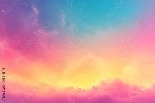 A vibrant, dreamy sky filled with pastel hues of pink, blue, and yellow, dotted with soft clouds and twinkling stars. photo