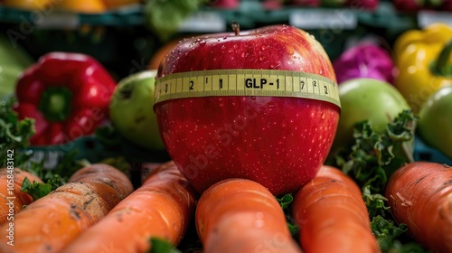 Apple with 'GLP-1' on a Measuring Tape Surrounded by Colorful Vegetables, Emphasizing Nutritious Diets and Weight Loss for a Health-Conscious Lifestyle