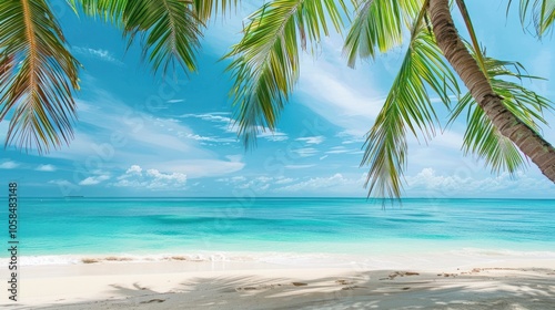 Wallpaper Mural Beautiful tropical beach with white sand, palm trees and turquoise sea, AI generated image Torontodigital.ca