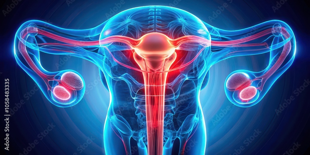Detailed 3D Medical Illustration of the Female Reproductive System, Emphasizing the Uterus, Ovaries, and Fallopian Tubes