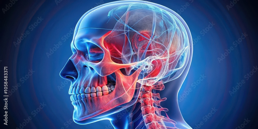 A Detailed Anatomical Illustration of the Human Skull and Cervical Spine, Rendered in a Semitransparent Style, with a Focus on the Jaw and the Connection of the Cranium to the Vertebrae A Detailed Anatomical Illustration of the Human Skull and Cervical Spine, Rendered in a Semitransparent Style, with a Focus on the Jaw and the Connection of the Cranium to the Vertebrae