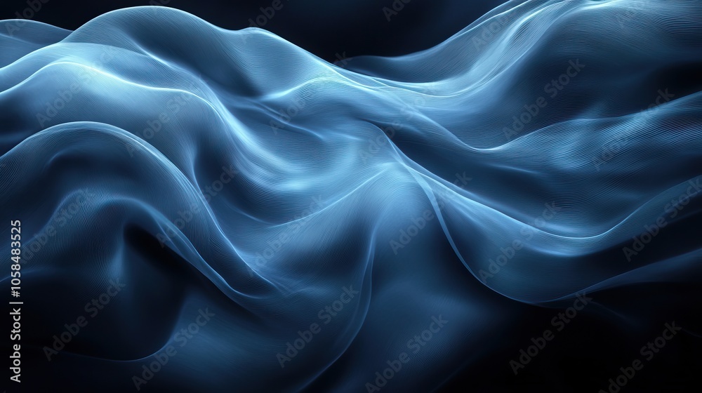 Fototapeta premium A smooth wave of blue fabric or material subtly flows and undulates against a dark background, creating a tranquil and visually appealing scene.