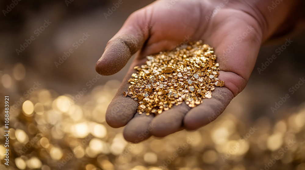 Hand Holding Raw Gold Particles, Symbolizing Mining, Wealth, and Precious Resources Hand Holding Raw Gold Particles, Symbolizing Mining, Wealth, and Precious Resources