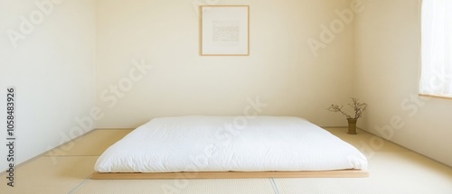 Serene Minimalist Japanese Bedroom with Futon and Wall Art - Ideal for Zen Meditation and New Year Tranquility photo